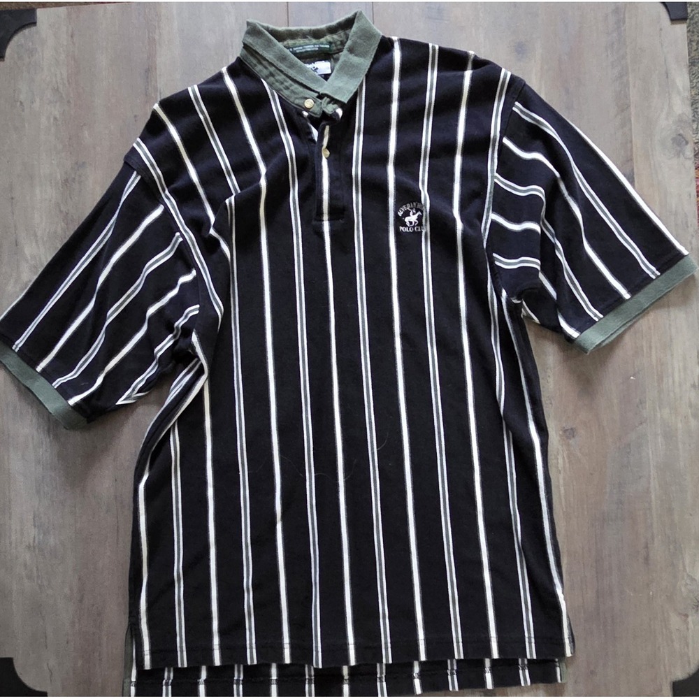 Beverly Hills Polo Club Black/White & Olive Green Stripe Short Sleeve Men L